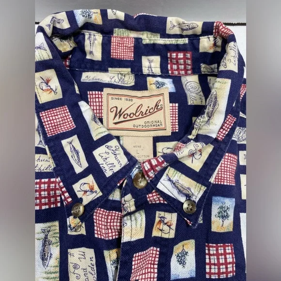 Woolrich Men's Fly Fishing Pattern Blue Long Sleeve Button Shirt - Picture 3 of 10